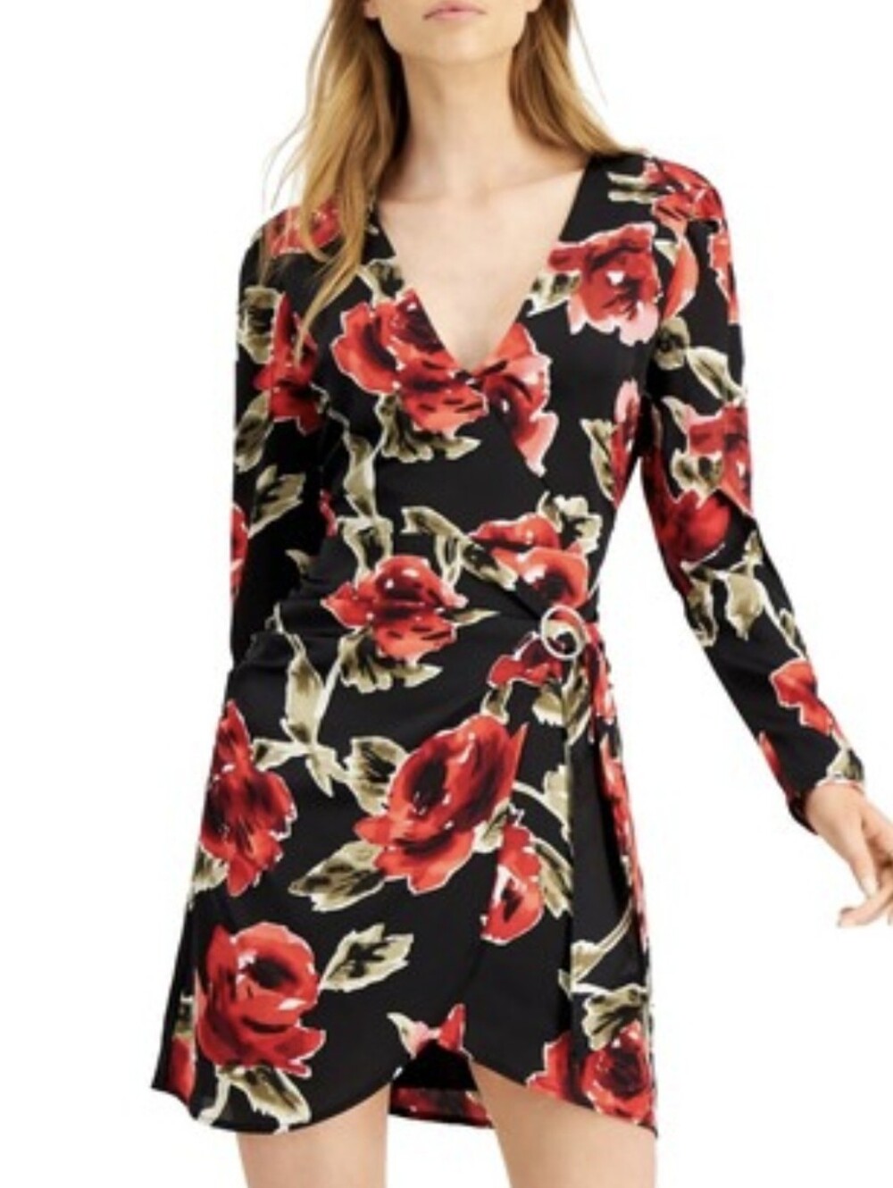 Bar III Rose Faux Wrap Dress Long Sleeve V Neck SIZE 8